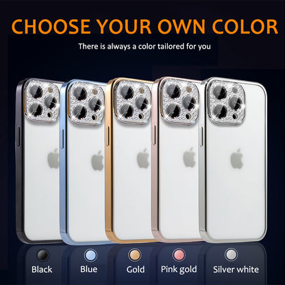 For Apple iPhone 14 /Plus Pro Max Clear Transparent with Color Frame & Diamond Bling Full Camera Lens Raised  Phone Case Cover