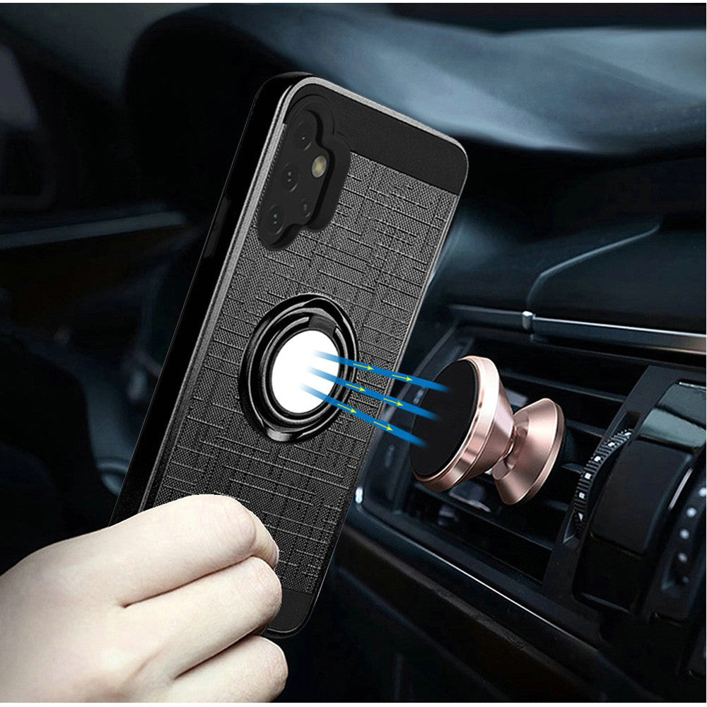 For Apple iPhone 13 (6.1") Hybrid Ring Stand Brushed with 360 Rotating Ring Magnetic Bracket Dual Layer TPU Armor Texture Rugged  Phone Case Cover