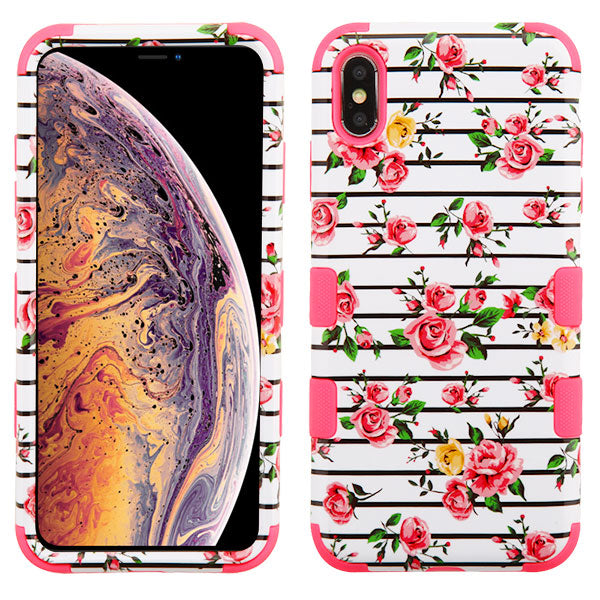For Apple iPhone XS Max Stylish Hybrid Three Layer Hard PC Shockproof Heavy Duty TPU Rubber Anti-Drop Pink Roses Phone Case Cover