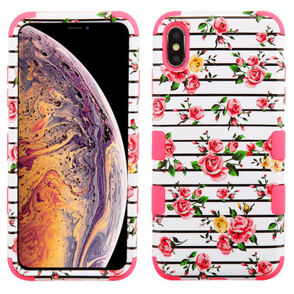For Apple iPhone XS Max Stylish Hybrid Three Layer Hard PC Shockproof Heavy Duty TPU Rubber Anti-Drop Pink Roses Phone Case Cover
