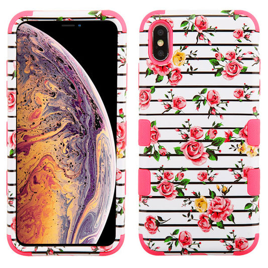 For Apple iPhone XS Max Stylish Hybrid Three Layer Hard PC Shockproof Heavy Duty TPU Rubber Anti-Drop Pink Roses Phone Case Cover