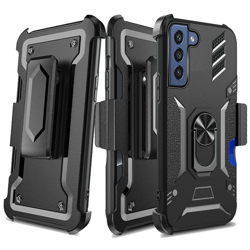 For Samsung Galaxy S22+ Plus Wallet Case with Invisible Credit Card Holder, 3 in 1 Combo Holster Clip and Ring Kickstand Black Phone Case Cover
