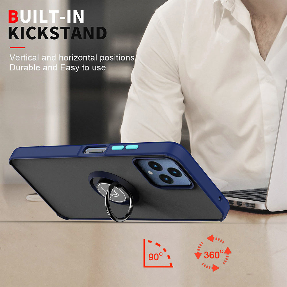 For T-Mobile Revvl 6 5G Hybrid Frosted Matte Hard Back PC + TPU Frame with Magnetic Ring Holder Stand Kickstand Black Phone Case Cover