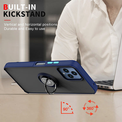 For T-Mobile Revvl 6 5G Hybrid Frosted Matte Hard Back PC + TPU Frame with Magnetic Ring Holder Stand Kickstand Black Phone Case Cover