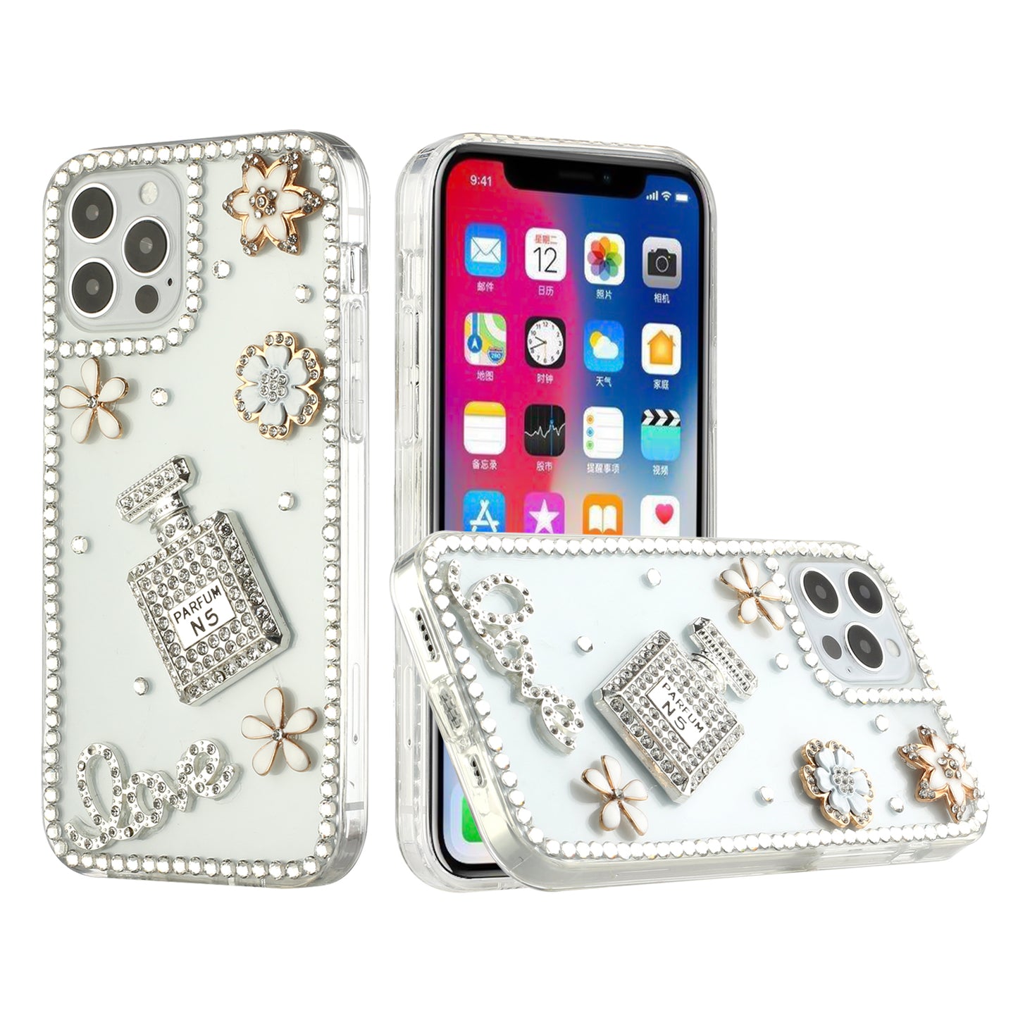 For Apple iPhone 13 (6.1") Bling Clear Crystal 3D Full Diamonds Luxury Sparkle Rhinestone Hybrid Protective  Phone Case Cover