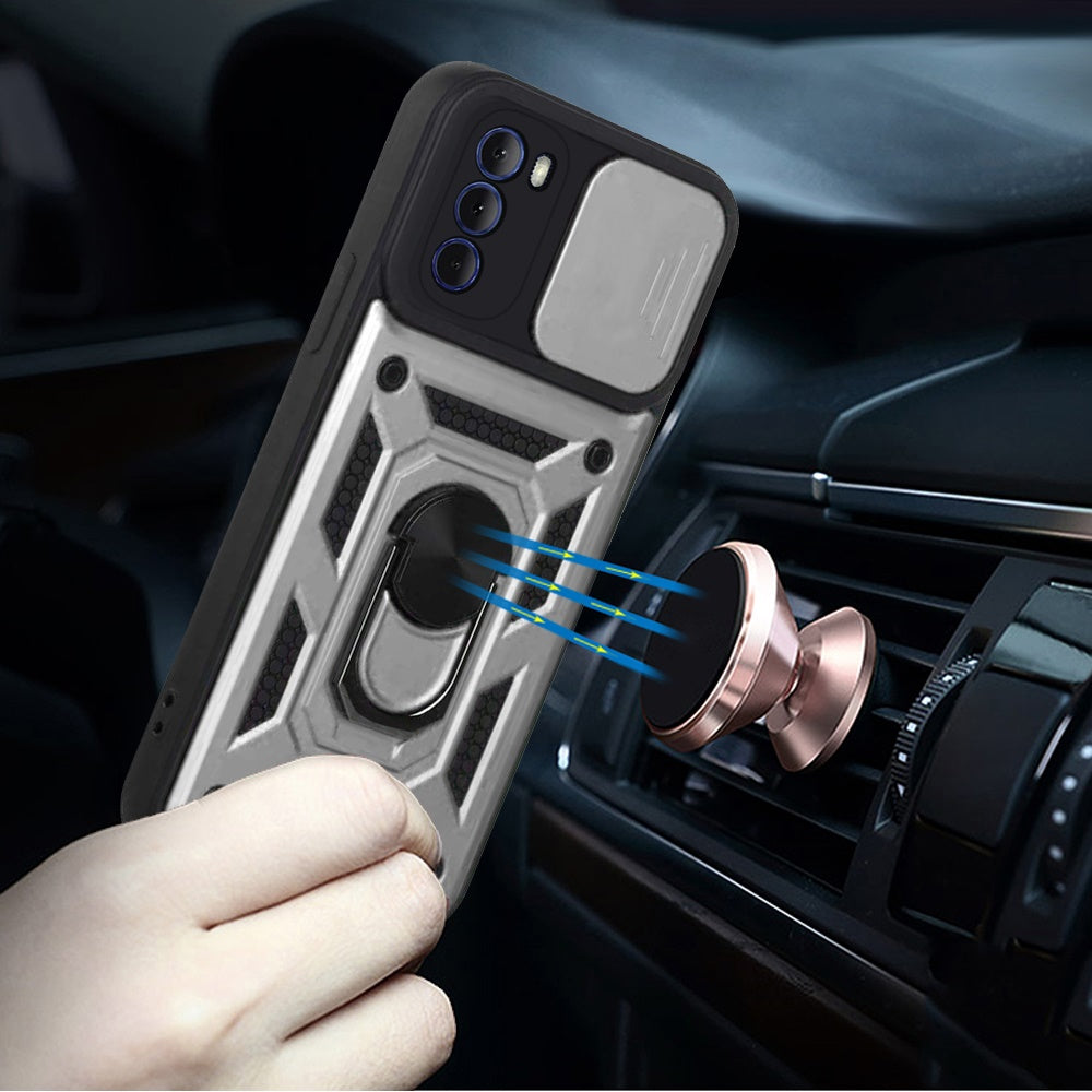 For Motorola Moto G 5G 2022 Hybrid Ring Holder Kickstand with Slide Camera Lens Cover, Rugged Dual Layer Heavy Duty Silver Phone Case Cover