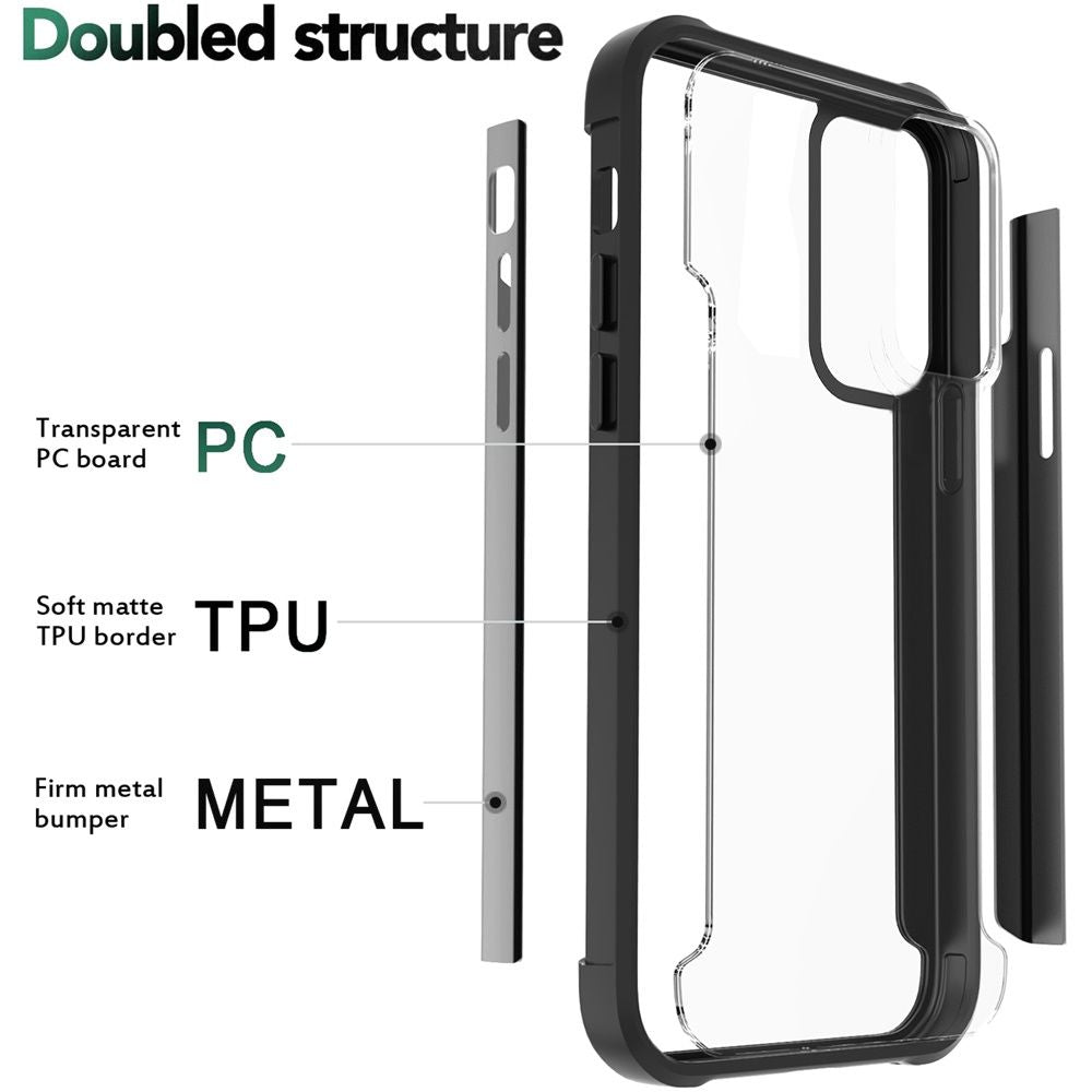 For Samsung Galaxy S20 FE /Fan Edition Hybrid Aluminum Alloy Metal Clear Transparent Back PC TPU Frame Shockproof Black Phone Case Cover