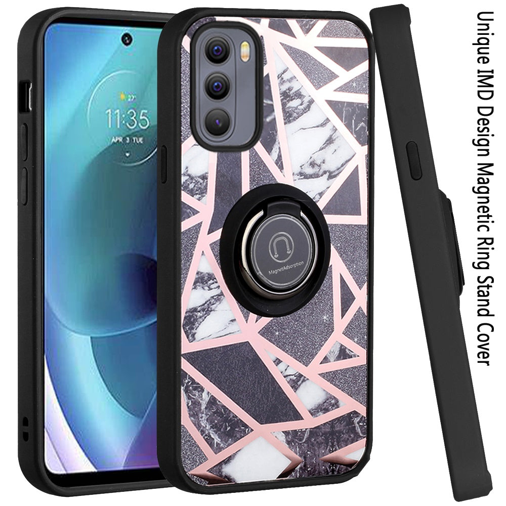 For Motorola Moto G Stylus 4G 2022 Unique Marble Design with Magnetic Ring Kickstand Holder Hybrid TPU Hard PC Armor  Phone Case Cover