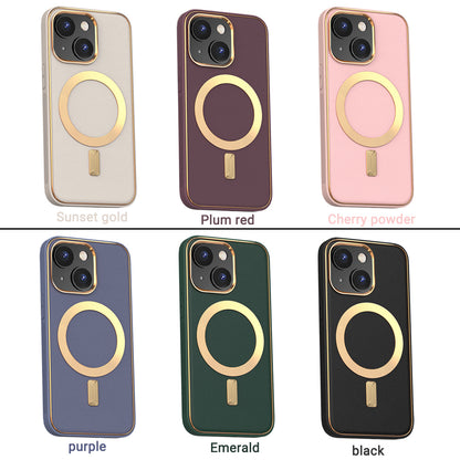 For Apple iPhone 14 /Plus Pro Max PU Leather MagSafe Compatible with Gold Trim & Raised Camera Protection Hybrid  Phone Case Cover