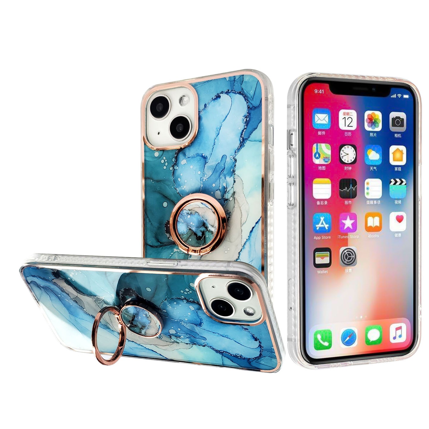 For Apple iPhone 14 Plus (6.7") Pattern Fashion Design Chromed Edge IMD with Ring Kickstand Hybrid Hard Back  Phone Case Cover