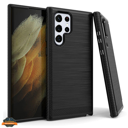 For Samsung Galaxy S22 /Plus Ultra Armor Brushed Texture Rugged Carbon Fiber Design Shockproof Dual Layers Hard PC + TPU Protective  Phone Case Cover