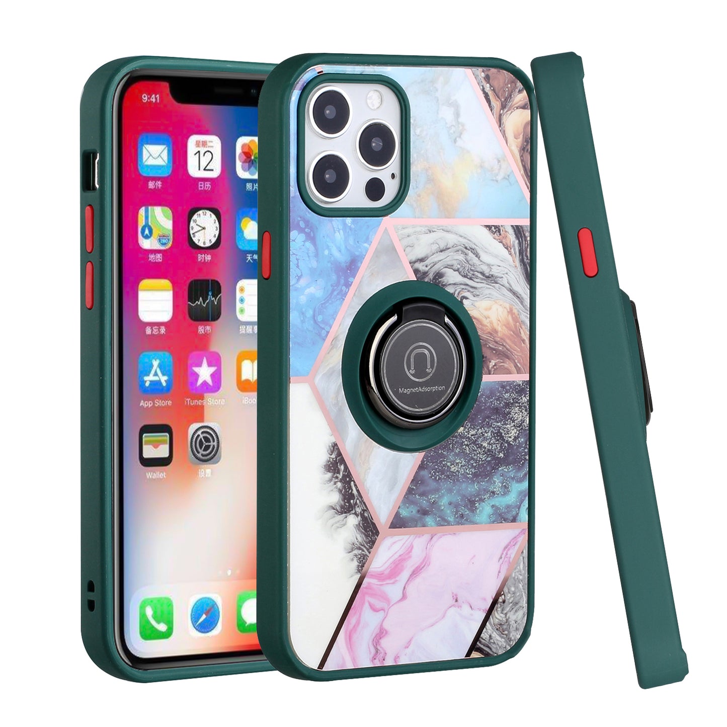 For Apple iPhone 13 /Pro Max Mini Unique Marble Design with Magnetic Ring Kickstand Holder Hybrid TPU Hard PC Shockproof Armor Bumper  Phone Case Cover