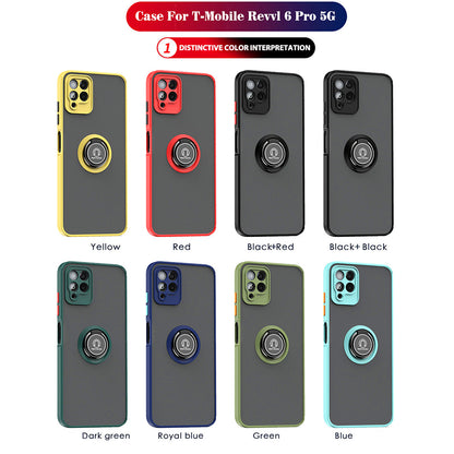 For T-Mobile Revvl 6 Pro 5G Hybrid Frosted Matte Hard Back PC + TPU Frame with Magnetic Ring Holder Stand Kickstand Black Phone Case Cover