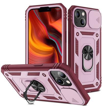 For Apple iPhone 14 (6.1") Hybrid Built-in 360° Rotate Magnetic Ring Stand with Camera Protection Heavy Duty Shockproof Pink Red Phone Case Cover