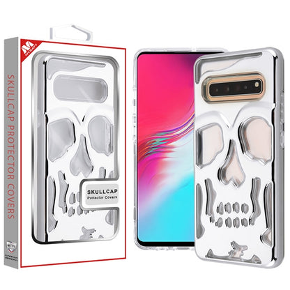 For Samsung Galaxy S10 5G (6.7") Hybrid Dual Layer Skull Skeleton Hard PC Shockproof TPU Rugged Plating Silver Clear Phone Case Cover