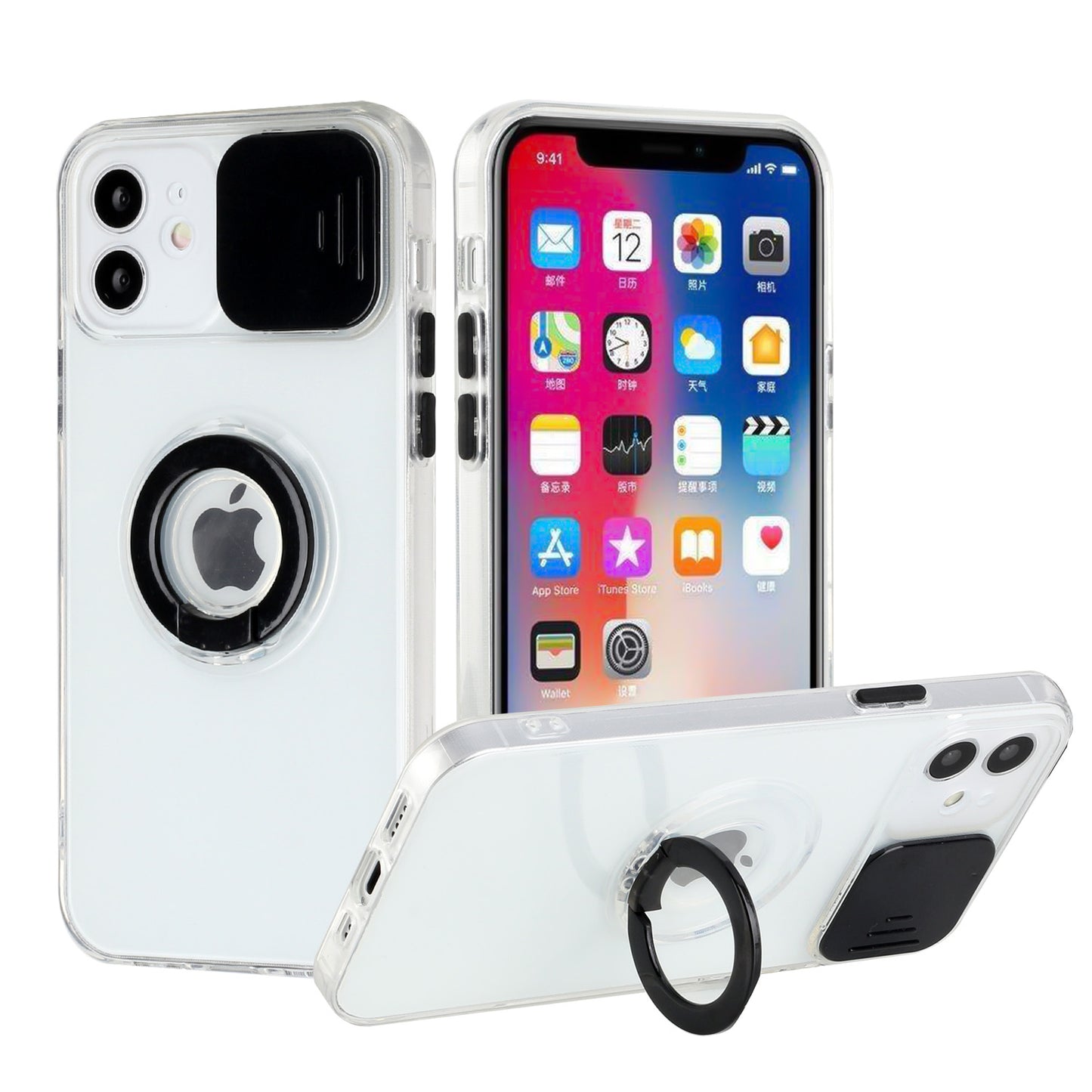 For Apple iPhone 13 Mini (5.4") Transparent Cases with Ring Stand & Camera Window, Slide Lens Protection Hybrid Shockproof  Phone Case Cover