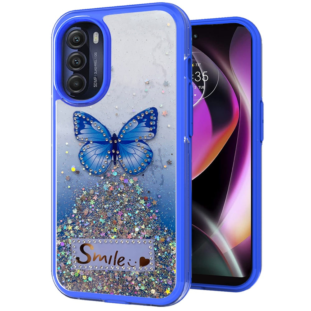 For Motorola Moto G Stylus 5G 2022 Butterfly Smile Glitter Bling Sparkle Epoxy Glittering Shining Hybrid Hard PC TPU  Phone Case Cover