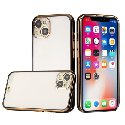 For Apple iPhone 14 /Plus Pro Max Golden Chrome Frame Transparent Hybrid with Lens Protector Shockproof PC Bumper  Phone Case Cover