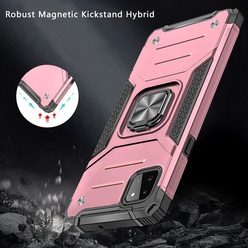 For Boost Mobile Celero 5G Armor Hybrid with Ring Holder Kickstand Shockproof Heavy-Duty Durable Rugged Dual Layer Hard PC Rose Gold Phone Case Cover