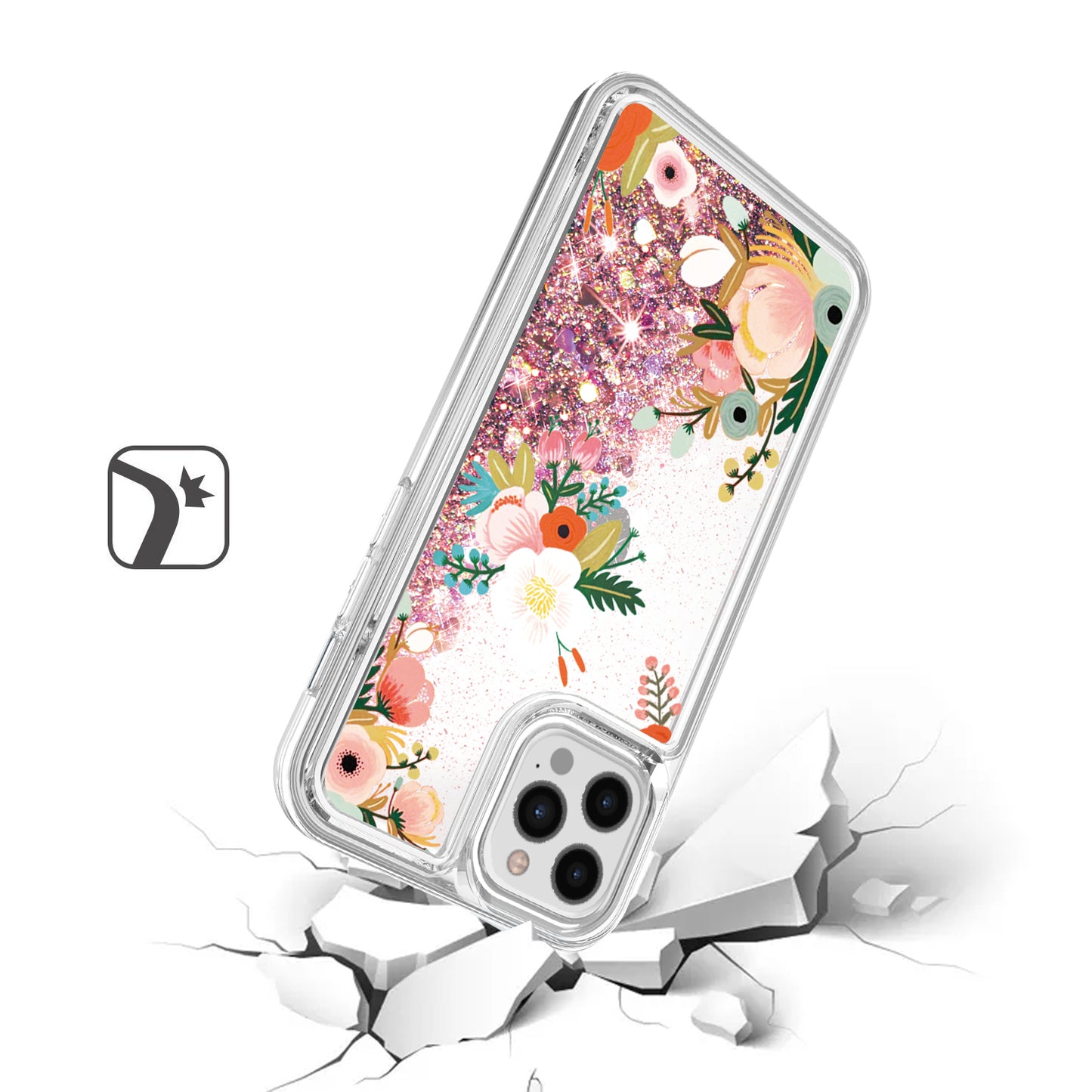 For Apple iPhone 13 Pro (6.1") Waterfall Quicksand Flowing Liquid Water Glitter Flower Design Bling Shockproof TPU Hybrid Protective  Phone Case Cover