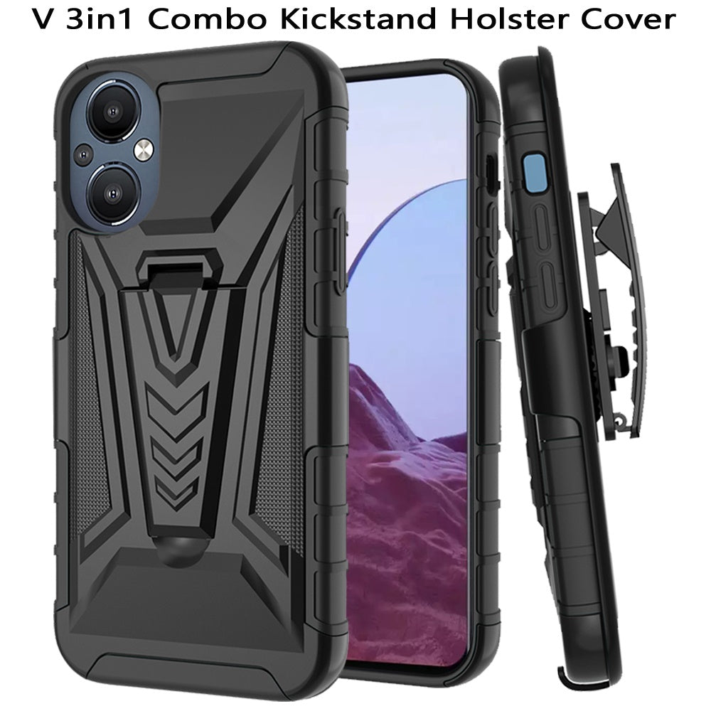 For OnePlus Nord N20 5G Combo 3 in 1 Rugged Swivel Belt Clip Holster Heavy Duty Hybrid Armor TPU with Kickstand Stand Black Phone Case Cover