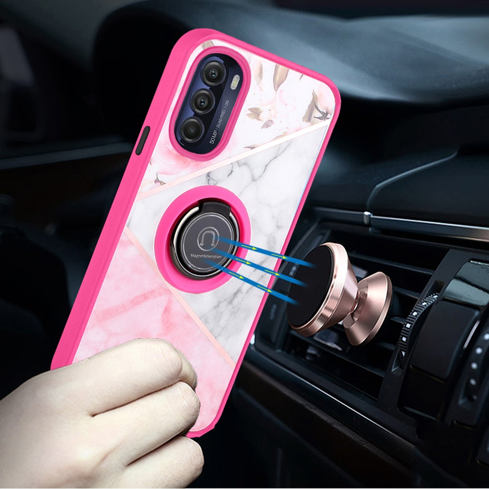 For Motorola Moto G 5G 2022 Marble Design with Magnetic Ring Kickstand Holder Hybrid TPU Hard PC Shockproof Armor Elegant Pink Phone Case Cover