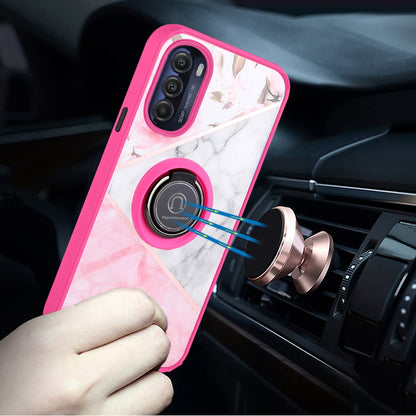 For Motorola Moto G 5G 2022 Marble Design with Magnetic Ring Kickstand Holder Hybrid TPU Hard PC Shockproof Armor Elegant Pink Phone Case Cover