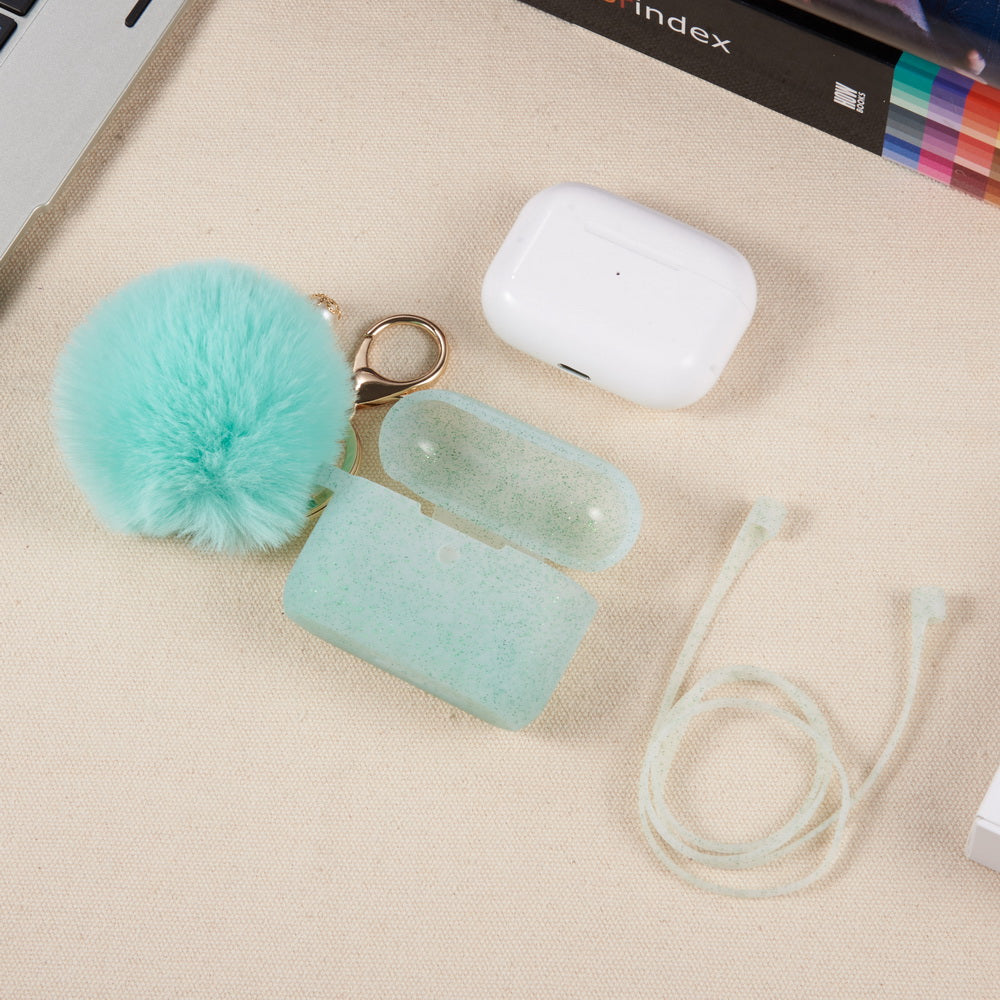 For Apple AirPods Series 3 (2021) Silicone Skin Cute Fur Ball Ornament Keychain 3 in 1 Fashion Thick TPU Gummy Luxury Soft Protective Earphone Mint Green Phone Case Cover