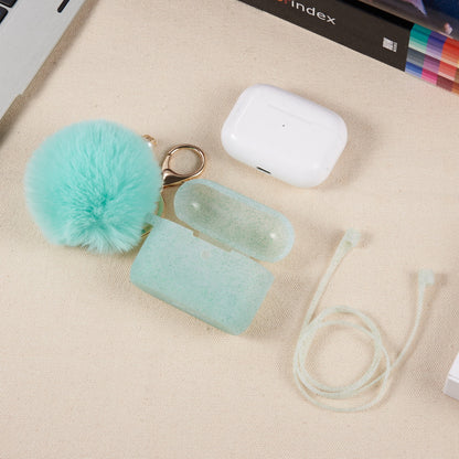 For Apple AirPods Series 3 (2021) Silicone Skin Cute Fur Ball Ornament Keychain 3 in 1 Fashion Thick TPU Gummy Luxury Soft Protective Earphone Mint Green Phone Case Cover