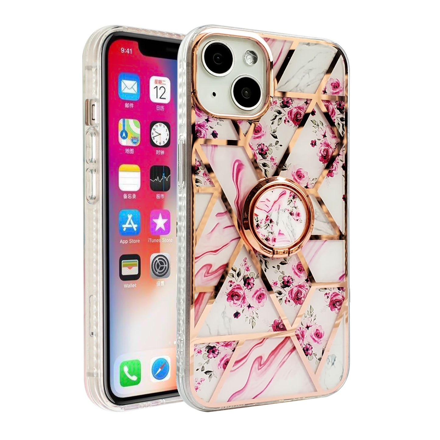 For Apple iPhone 13 Pro Max (6.7") Pattern Fashion Design Chromed Edge with Ring Kickstand Hybrid TPU Hard Back  Phone Case Cover