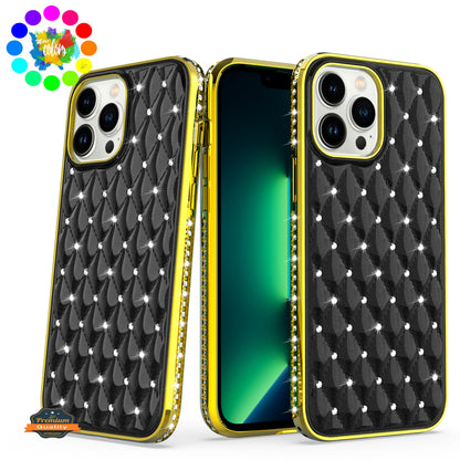 For Apple iPhone 13 Pro Max (6.7") Luxury Chrome Diamonds Rhinestone Thick Shiny Bling Protective Rubber Frame  Phone Case Cover