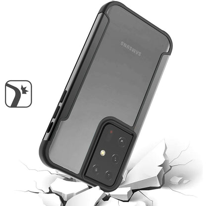 For Samsung Galaxy S22 Ultra Hybrid Aluminum Alloy Metal Clear Transparent Back PC TPU Bumper Frame Armor Shockproof Black Phone Case Cover