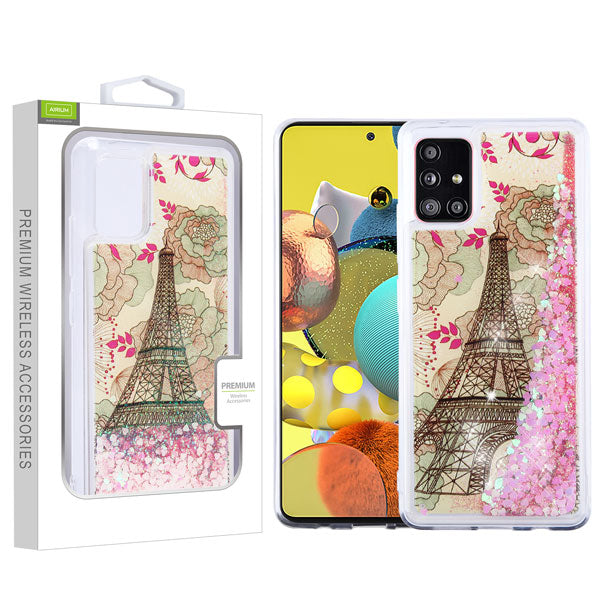 For Samsung Galaxy A51 5G Quicksand Liquid Glitter Bling Hybrid Image Flowing Sparkle Protector Skin Eiffel Tower Paris Phone Case Cover