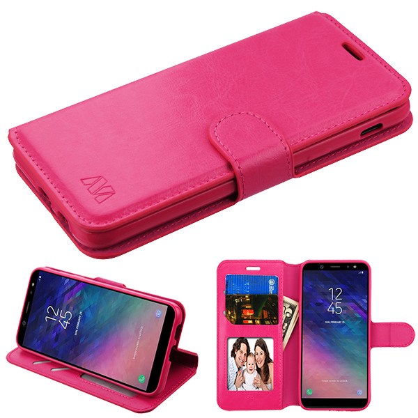 For Samsung Galaxy A6 (2018) PU Leather Wallet with Credit Card Holder Storage Folio Flip Pouch Stand Hot Pink Phone Case Cover