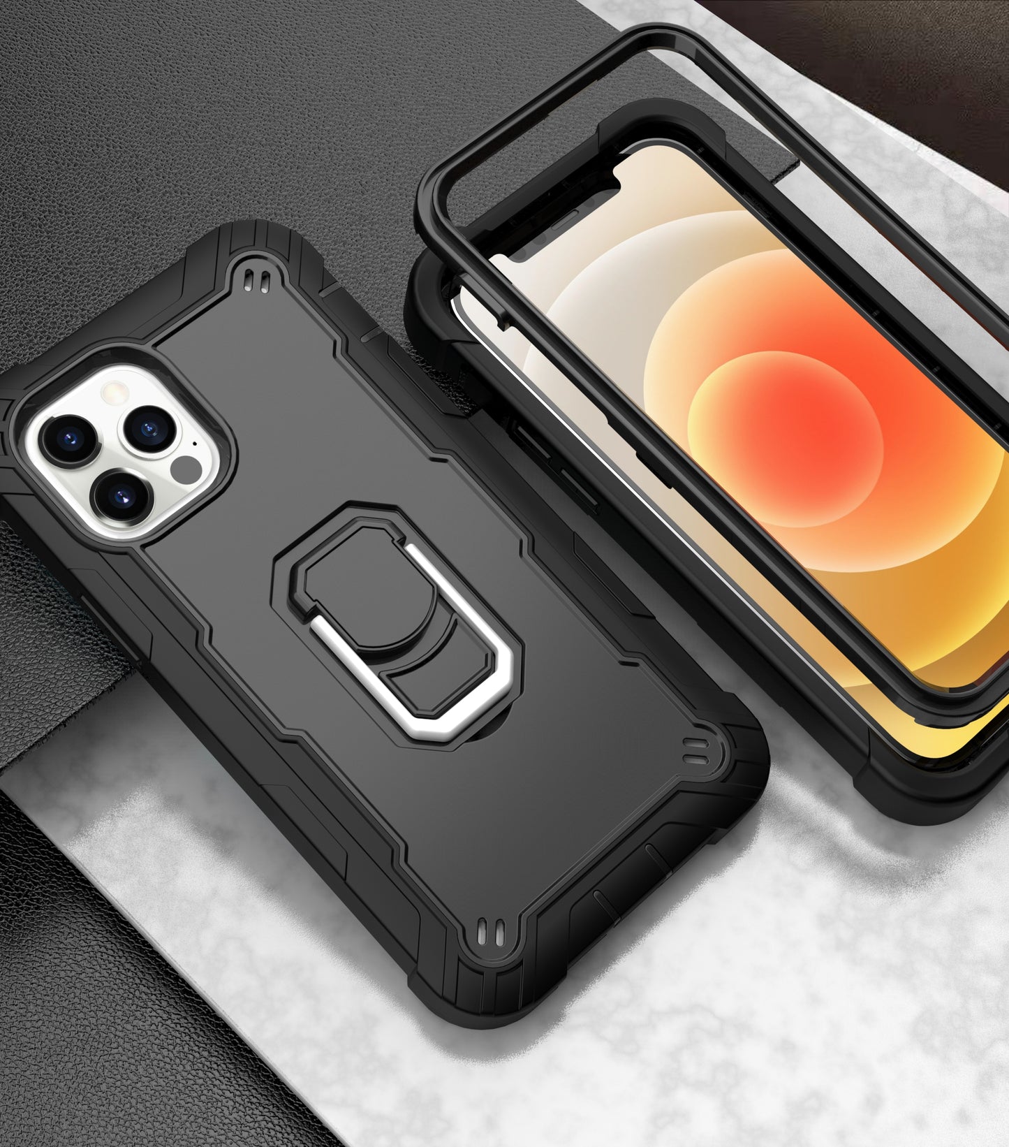 For Apple iPhone 12 Pro Max (6.7") Hybrid 3 Layers with 360° Rotatable Ring Kickstand Holder Heavy Duty Hard PC Soft Silicone Shockproof  Phone Case Cover