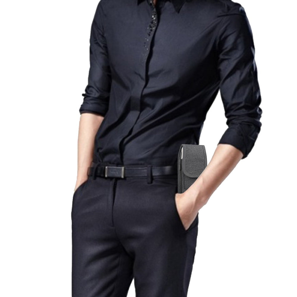 For Samsung Galaxy A23 5G Universal Vertical Fabric Case Holster with Dual Credit Card Slots, Belt Loop & Carabiner Carrying Phone Pouch [Black]