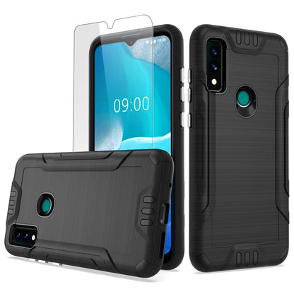 For AT&T Maestro 3 Hybrid Dual Layer Slim Metallic Brush Texture Hard PC TPU Rubber with Screen Protector Tempered Glass  Phone Case Cover