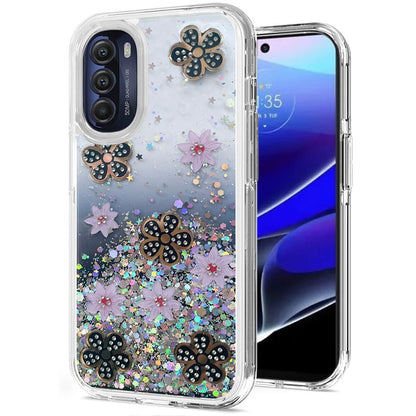 For Motorola Moto G Stylus 5G 2022 Floral Stylish Design Glitter Shiny Hybrid Rubber TPU Hard PC Shockproof Armor Slim  Phone Case Cover