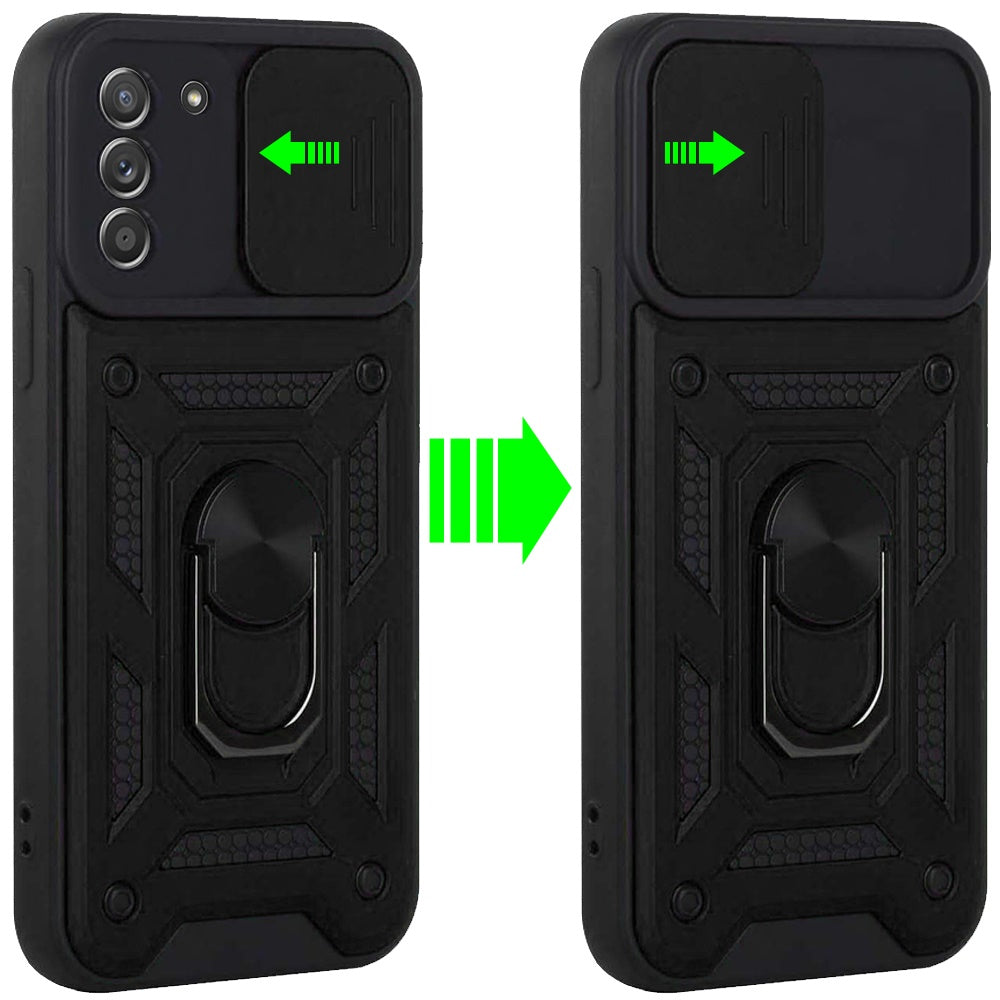 For Samsung Galaxy A02S Hybrid Cases with Slide Camera Lens Cover and Ring Holder Kickstand Rugged Dual Layer Heavy Duty  Phone Case Cover