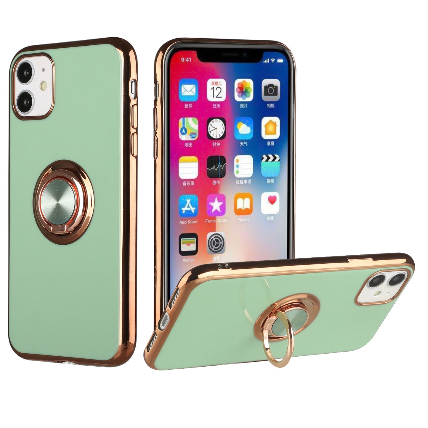 For Apple iPhone 13 Mini (5.4") Slim Hybrid Metal Finger Ring Stand Electroplated Edges TPU Frame Shock-Absorption Bumper  Phone Case Cover