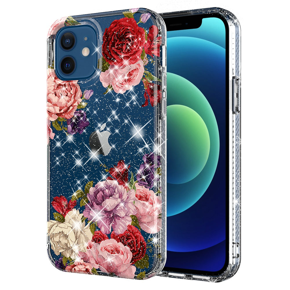 For Apple iPhone 11 /11 Pro Max Slim Hybrid Shiny Glitter Clear Floral Pattern Bloom Flower Design TPU Gel Hard PC Back  Phone Case Cover