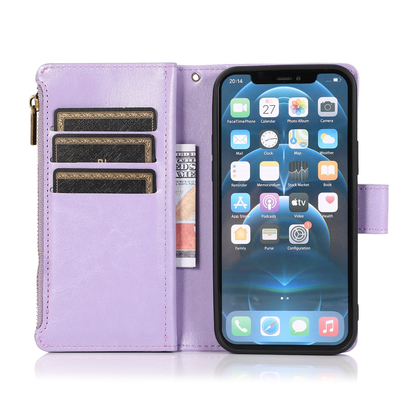 For Motorola Moto G Stylus 2022 4G Leather Zipper Wallet Case 9 Credit Card Slots Pocket Clutch Pouch with Stand & Strap Lavender Phone Case Cover