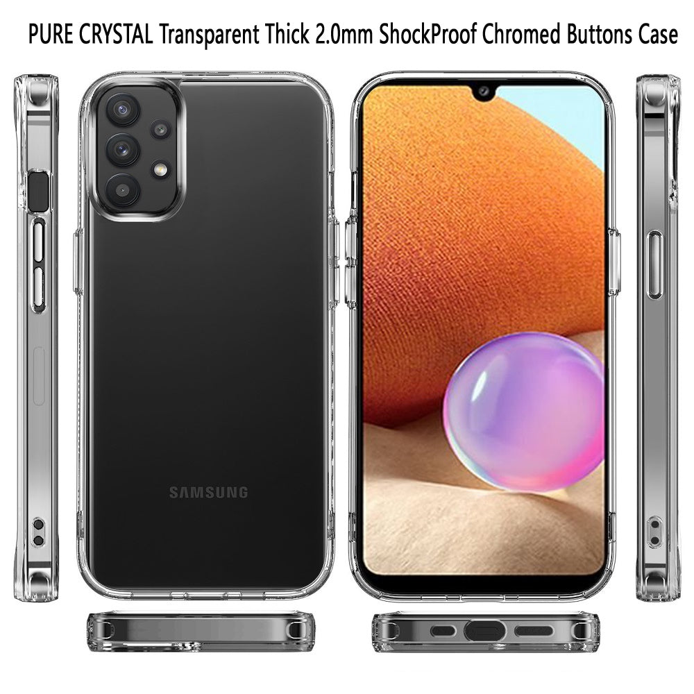 For Samsung Galaxy A32 5G Hybrid HD Crystal Clear Hard PC Back Thick Gummy TPU Frame Slim Thin Fit with Chromed Buttons Transparent Phone Case Cover