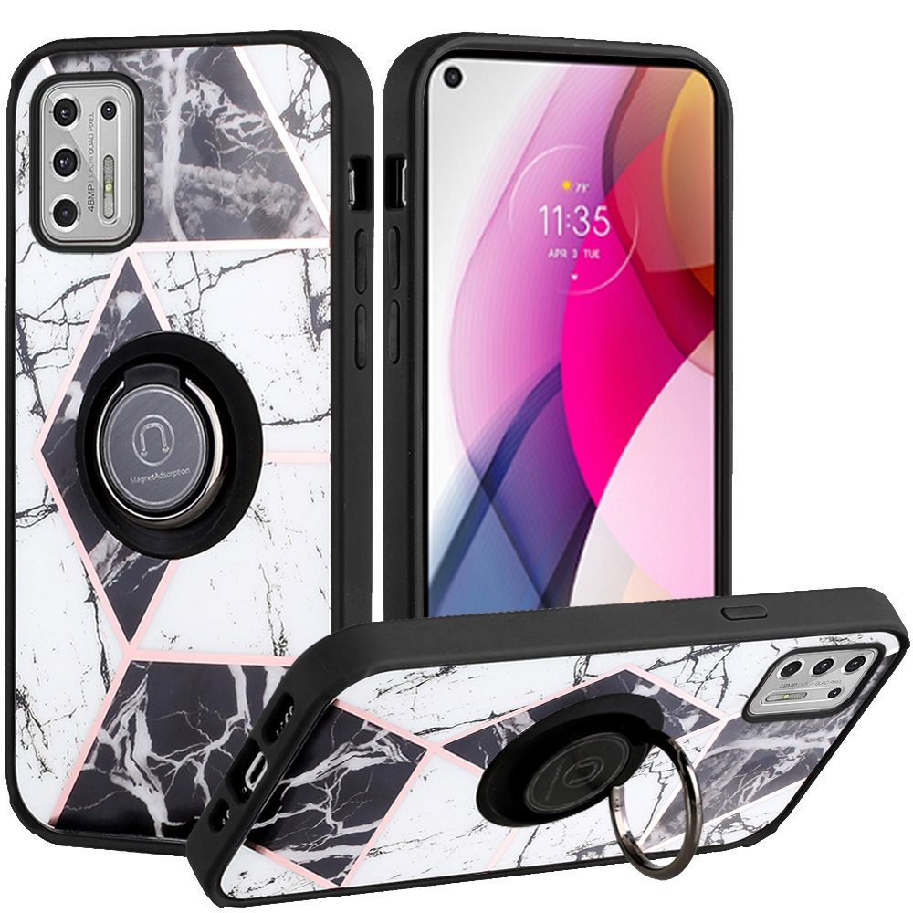 For Motorola Moto G 5G 2022 Marble Design with Magnetic Ring Kickstand Holder Hybrid TPU Hard PC Shockproof Armor Classy Black Phone Case Cover