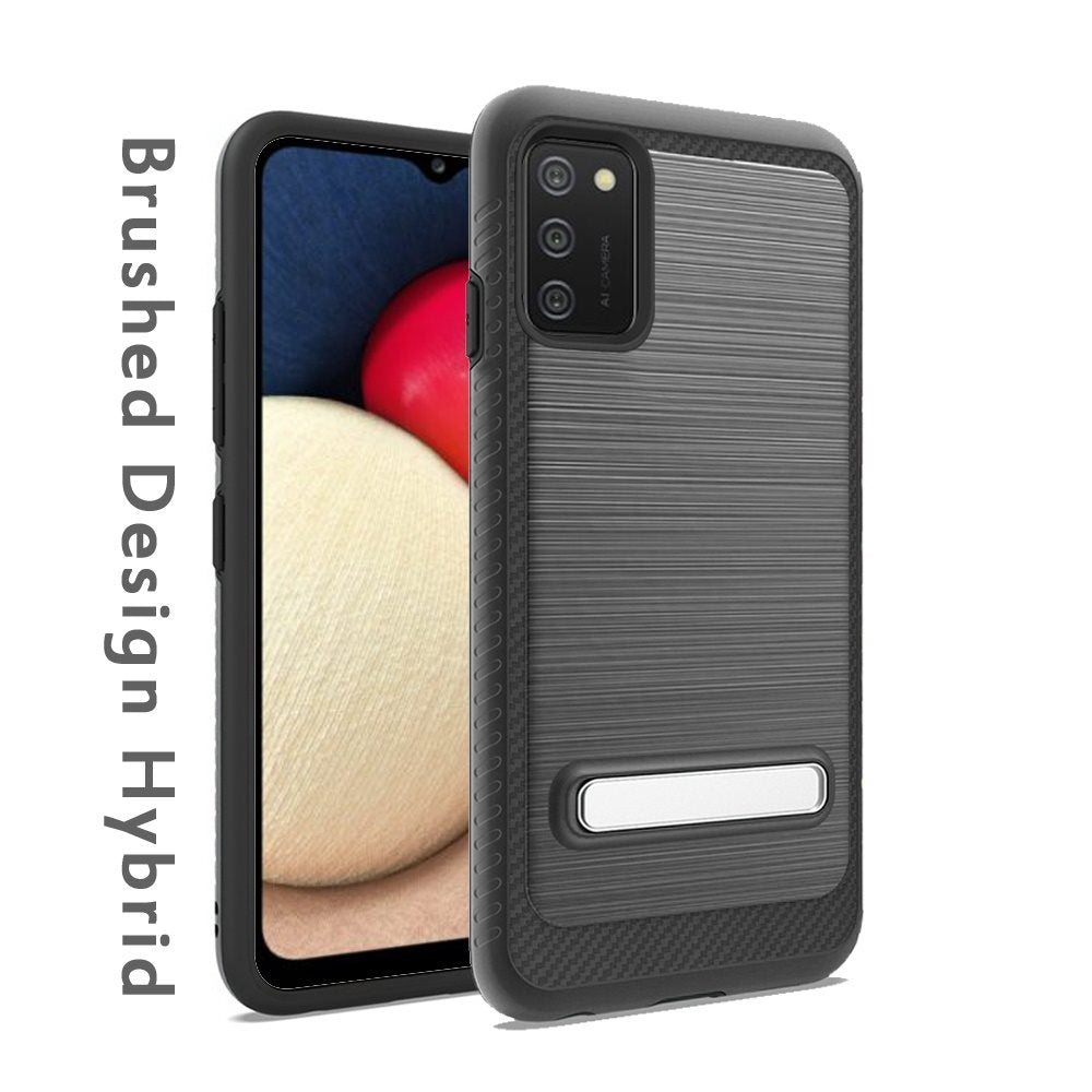 For Samsung Galaxy A02S Slim Brushed Hybrid Shock-Absorption Armor Edged Carbon Fiber with Metal Kickstand Rugged Texture  Phone Case Cover