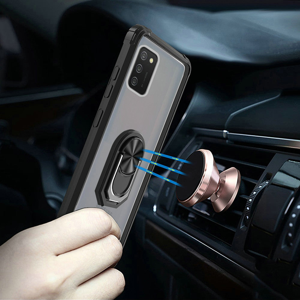 For Samsung Galaxy A02S Clear Silicone Shockproof Tuff Hybrid Protection Cover Transparent TPU with Magnetic Ring Kickstand Black Phone Case Cover