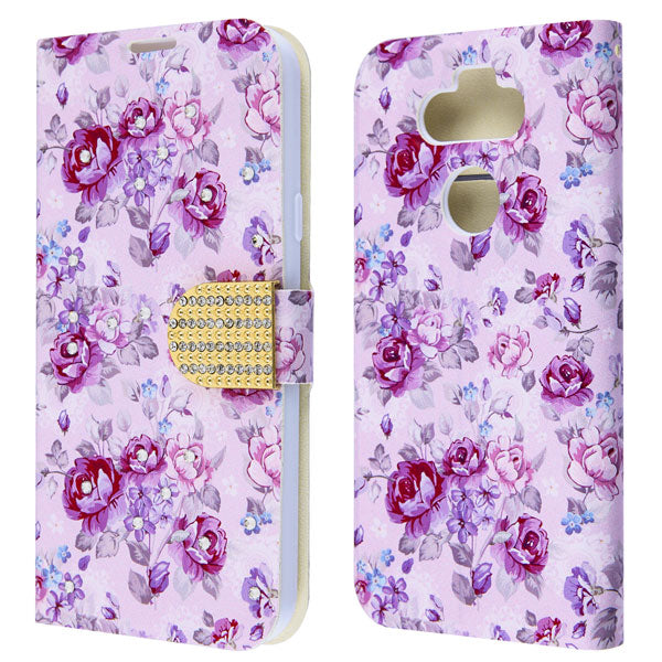 For LG K31 /Aristo 5/Fortune 3/Tribute Monarch / Phoenix 5 Design PU Leather Wallet Bling with Credit Card Slot Flip Pouch Purple Flowers Phone Case Cover