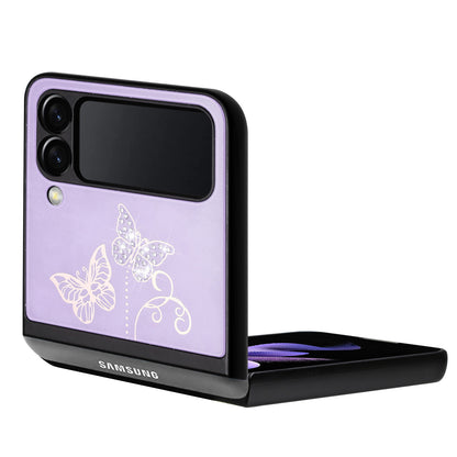 For Samsung Galaxy Z Flip 4 5G 3D Diamond Bling Sparkly Glitter Ornaments Engraving Hybrid Metal Fashion Purple Garden Butterflies Phone Case Cover