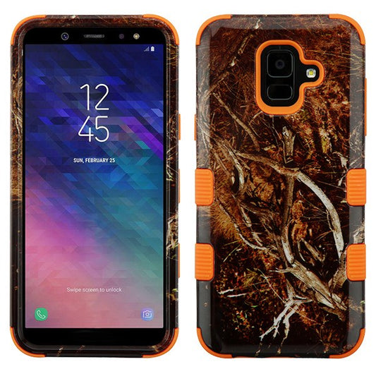 For Samsung Galaxy A6 (2018) Hybrid Three Layer Hard PC Shockproof Heavy Duty TPU Rubber Anti-Drop Vine Camo Orange Phone Case Cover