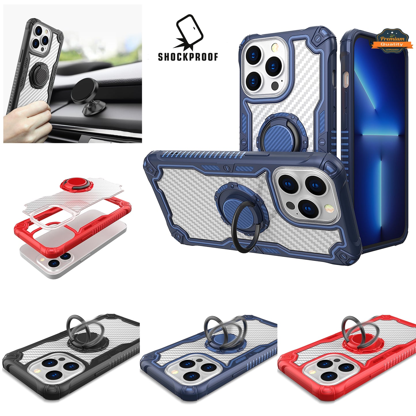 For Apple iPhone 13 /Pro Max Carbon Fiber Design [Military Grade Protection] with Ring Kickstand Shockproof Rugged Protective  Phone Case Cover